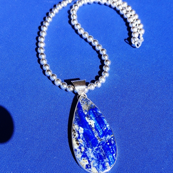 Sterling Silver SIGNED Lapis Pendant, And High Shine Sterling Necklace Set - Picture 8 of 17